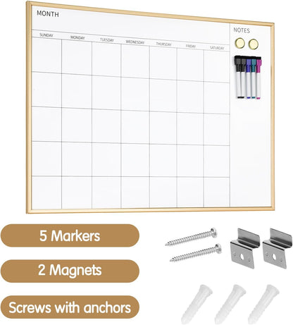 Magnetic Monthly Calendar Whiteboard, 17'' x 13'' Dry Erase Calendar for Wall Office School Home, Gold Wooden Frame