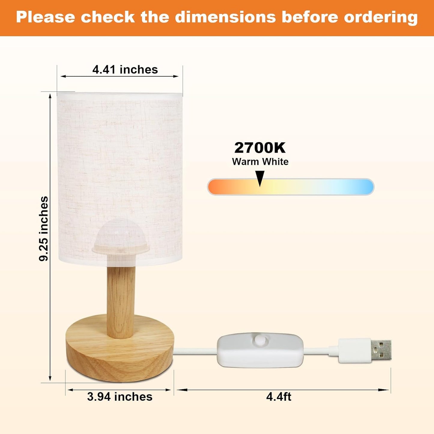 Touch Bedside Table Lamp - Stepless Dimming USB Powered, Minimalist Wood Base Linen Shade, 2700K Warm Light for Bedroom Nightstand Nursery Dorm Small Spaces, 5W LED 50K Hrs (No Bulb Replacement)