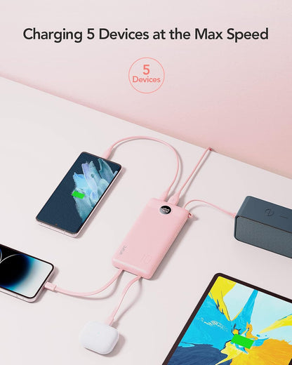 VRURC Portable Charger, Slim Power Bank Built-in 4 Cables, Travel Essential
