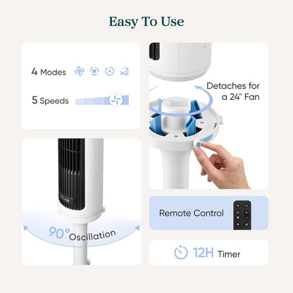 LEVOIT Tower Fan for Bedroom, Standing Fan with 36”-47” Adjustable Height, 90° Oscillating Room Fan, 28dB Quiet for Sleep, 23 ft/s Velocity, 5 Speeds 4 Modes, 12H Timer, Remoter, for Home, White