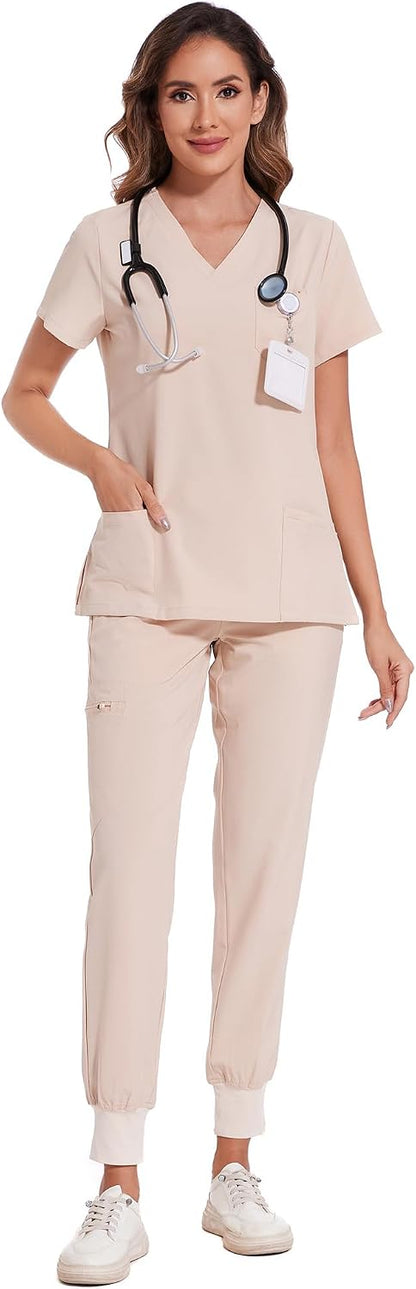 COZYFIT Scrubs for Women Set - Stretch V-Neck Scrub Top & Jogger Pant with 8 Pockets COZY SCRUBS - Colors E