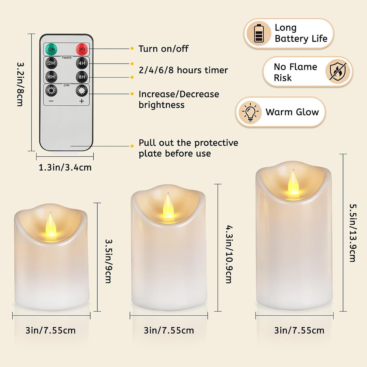 Flameless Candles 4" 5" 6" Outdoor Indoor Pillars Battery Operated Flickering Candles Include 10-Key Remote Timer 400+ Hours by 2 AA Batteries (Ivory Candle - Warm light, 3"D x 4"|5"|6" H - 3 Pack)
