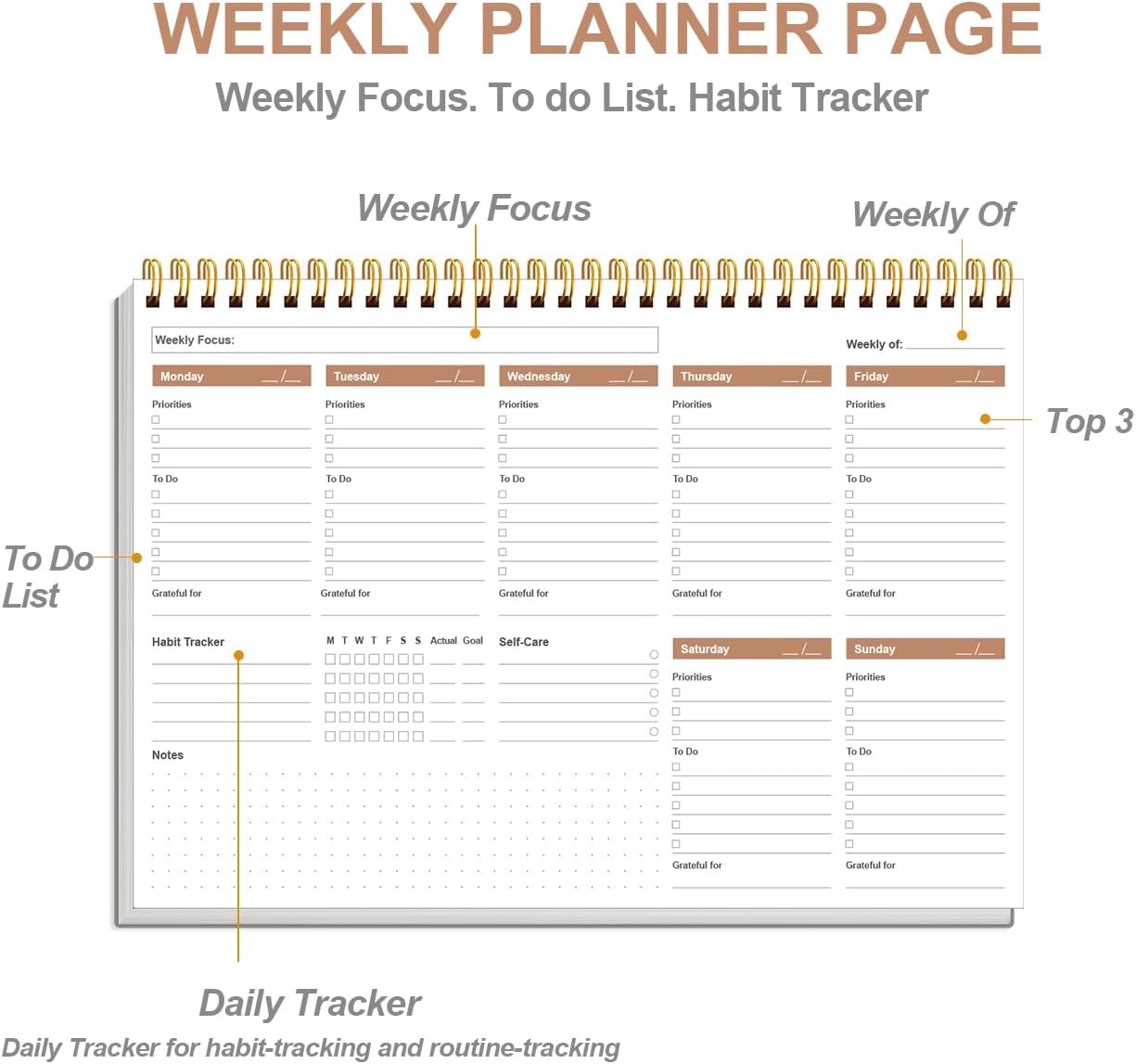 Weekly Productivity Planner - 8" x 11" Dashboard Desk Pad/Planner, Habit Tracker, Spiral Undated Weekly Planner for Office/School/Home, 54 Weeks, Grey