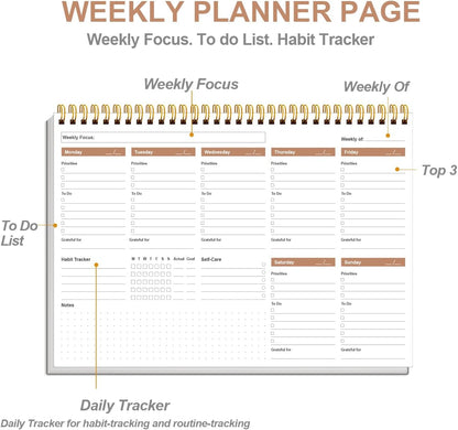 Weekly Productivity Planner - 8" x 11" Dashboard Desk Pad/Planner, Habit Tracker, Spiral Undated Weekly Planner for Office/School/Home, 54 Weeks, Grey