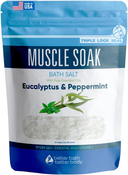 Muscle Bath Soak 32 oz Epsom Salt Peppermint, Eucalyptus Essential Oils