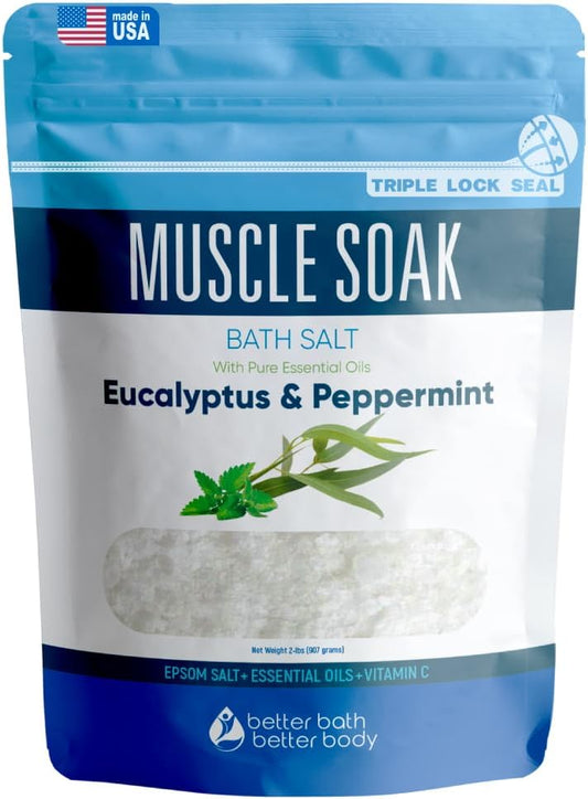 Muscle Bath Soak 32 oz Epsom Salt Peppermint, Eucalyptus Essential Oils