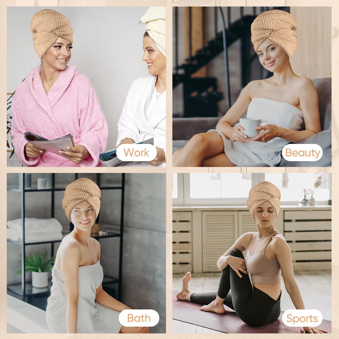 HOMEXCEL 5 Pack Microfiber Hair Towels - 40 x 20 inches Super Soft, Fast Drying Turbans for Long, Thick, Curly Hair - Anti Frizz Wrap with Elastic Strap