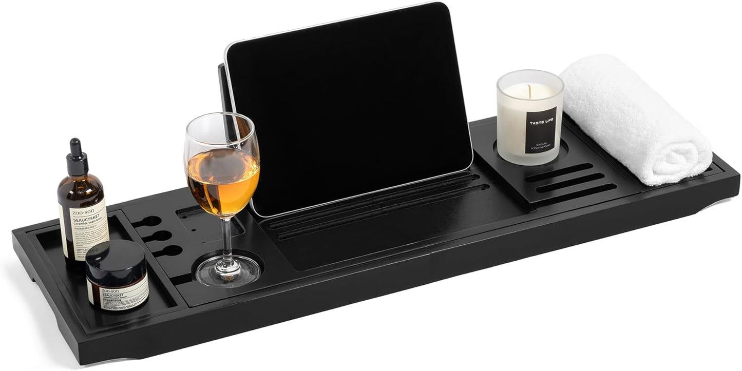 Bamboo Bathtub Tray Caddy - Splash-Proof Adjustable (28.5-40") with Wine Holder, Tablet Stand & Non-Slip Grip | Spa-Grade Organizer for Bath Essentials & Reading- Walnut