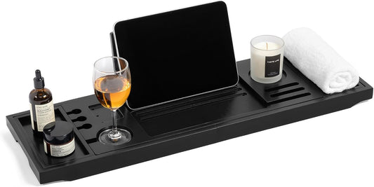 Bamboo Bathtub Tray Caddy - Splash-Proof Adjustable (28.5-40") with Wine Holder, Tablet Stand & Non-Slip Grip | Spa-Grade Organizer for Bath Essentials & Reading- Walnut