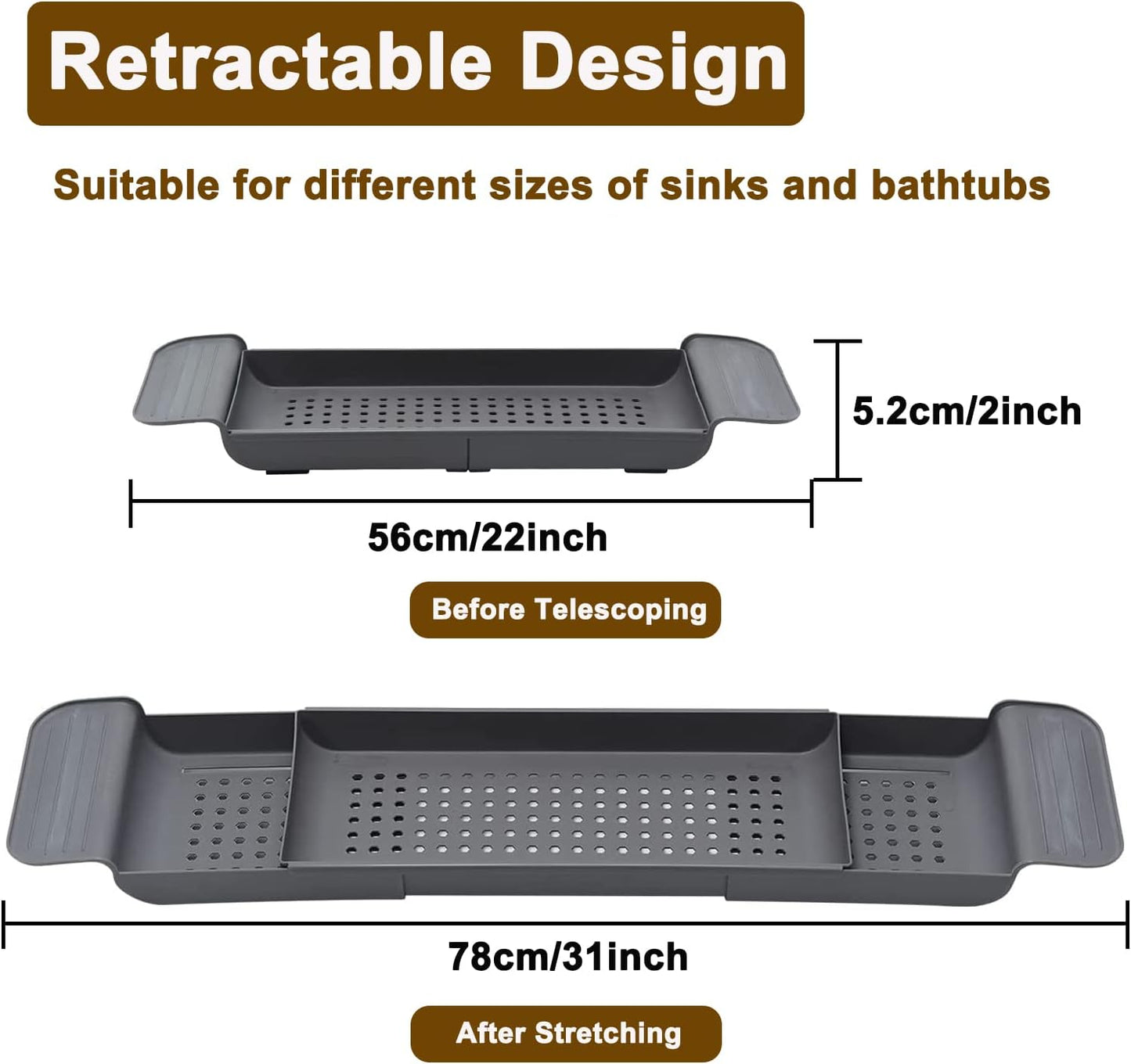 Expandable Drain Bath Shelf Caddy Tray, Multifunctional Plastic Bathtub Tray Bathroom Organizer Simple Stylish Bathtub Storage Rack for Candle Towel, Book, Wine, Phone, Shower