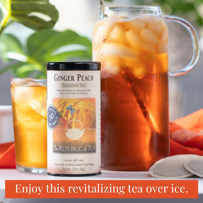 The Republic of Tea Ginger Peach Black Tea, Naturally Caffeinated, 50 Count