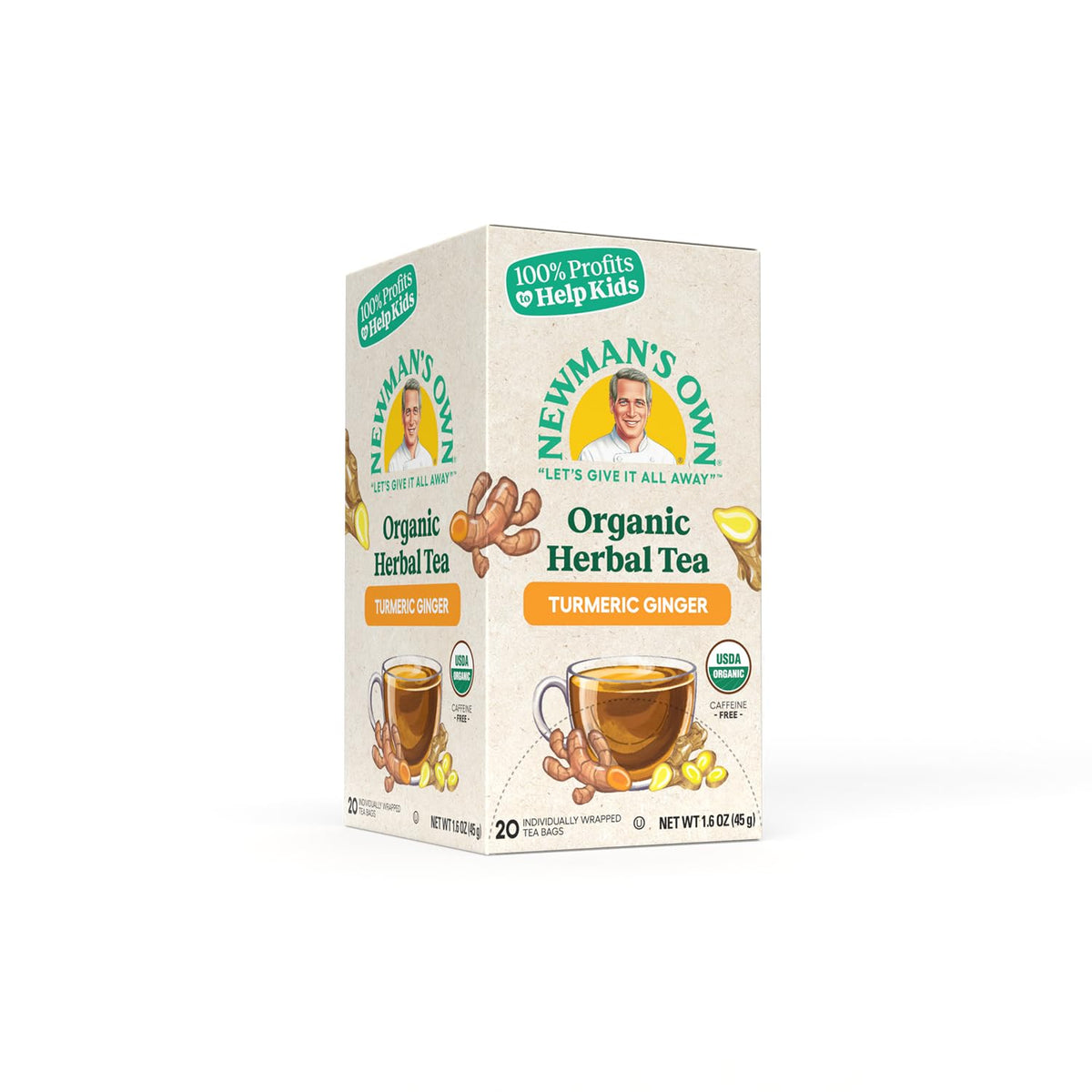 Newman’s Own Organic Turmeric Ginger Herbal Tea Caffeine-Free May Aid Digestion and Boost Immunity Turmeric Tea with 20 Individually Wrapped Tea Bags Per Box USDA Certified