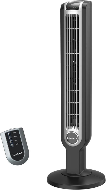 Lasko Oscillating Tower Fan with Remote Control and Timer - Quiet Standing Fan for Bedroom, Office, and Home - 3 Speeds - Powerful Cooling Air - 2510 - 36" Tall - White