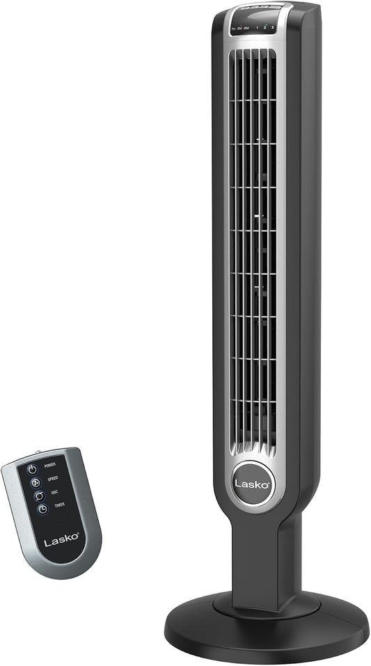 Lasko Oscillating Tower Fan with Remote Control and Timer - Quiet Standing Fan for Bedroom, Office, and Home - 3 Speeds - Powerful Cooling Air - 2510 - 36" Tall - White