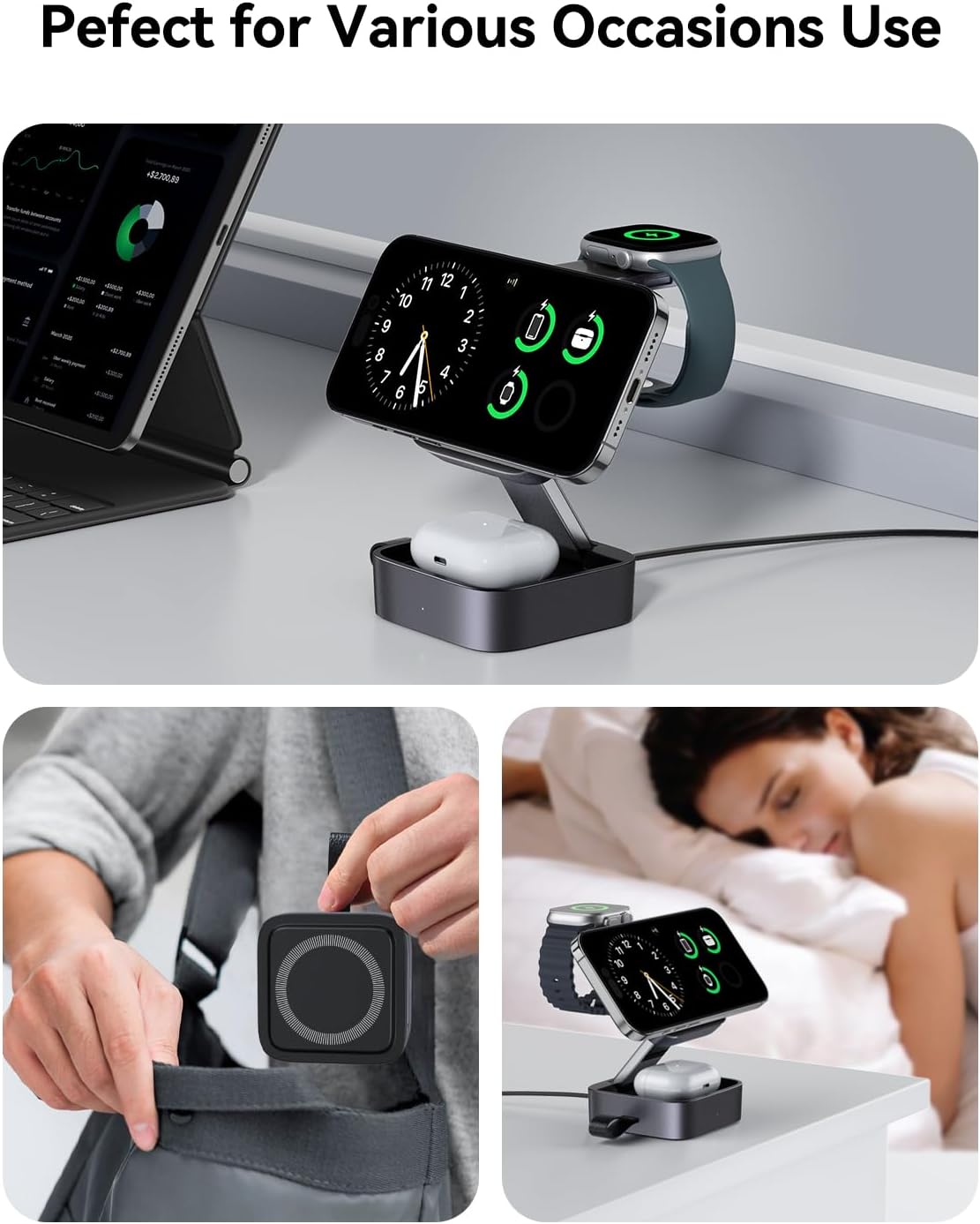 3 in 1 Wireless Charging Station for Apple Devices, Magnetic Foldable Travel Fast Charger Stand Compatible with MagSafe for iPhone 18/Air/17/16/15/14/13/12 Series, Apple Watch & AirPods Pro/4/3/2