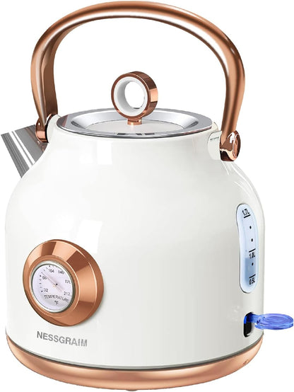 Retro Electric Kettle, 1.7L Stainless Steel Tea Kettle with Large Temperature Gauge, 1500W Fast Heating Hot Water Boiler with LED Indicator, Auto Shut-off & Boil-Dry Protection-Reteo Black