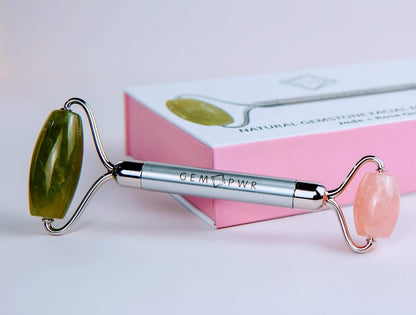 Amethyst + Jade Roller for Face and Neck Massage, Dual Gemstones with Durable Steel Handle and Travel Bag. Minimize Wrinkles, Reduce Puffiness and Restore Skin's Elasticity and Radiance