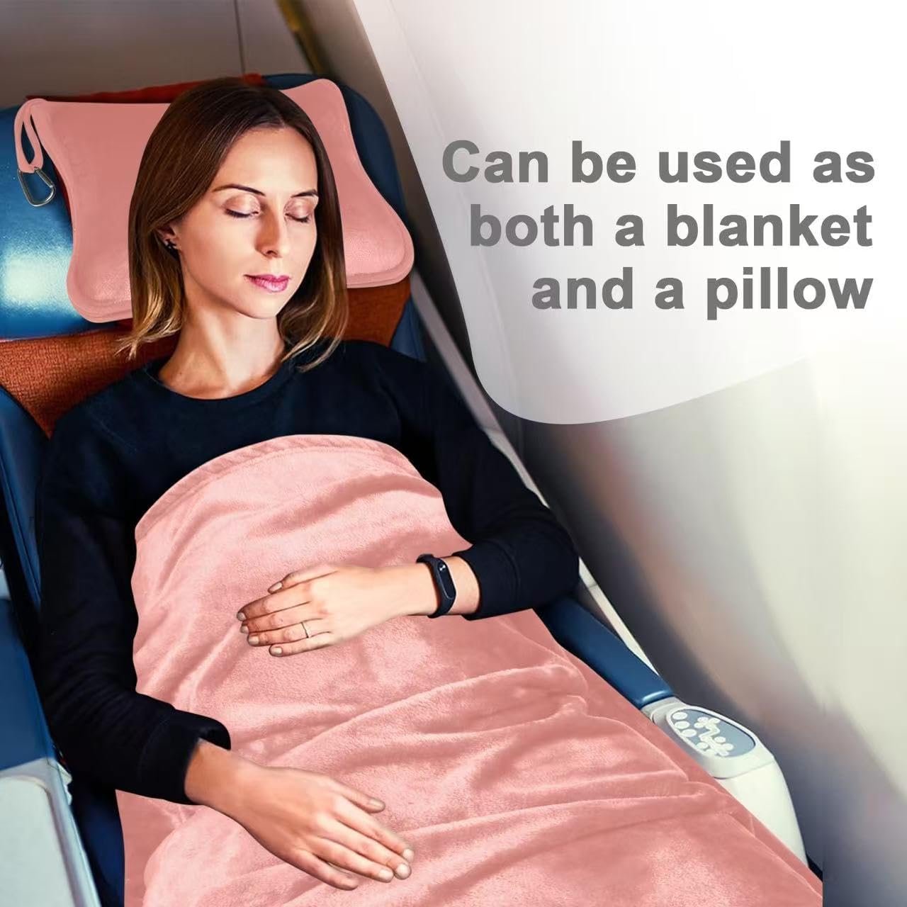 Travel Blanket and Pillow Compact, Premium Soft 2 in 1 Airplane Blanket with Soft Bag Pillowcase，Hand Luggage Sleeve and Backpack Clip (Checkered Black)