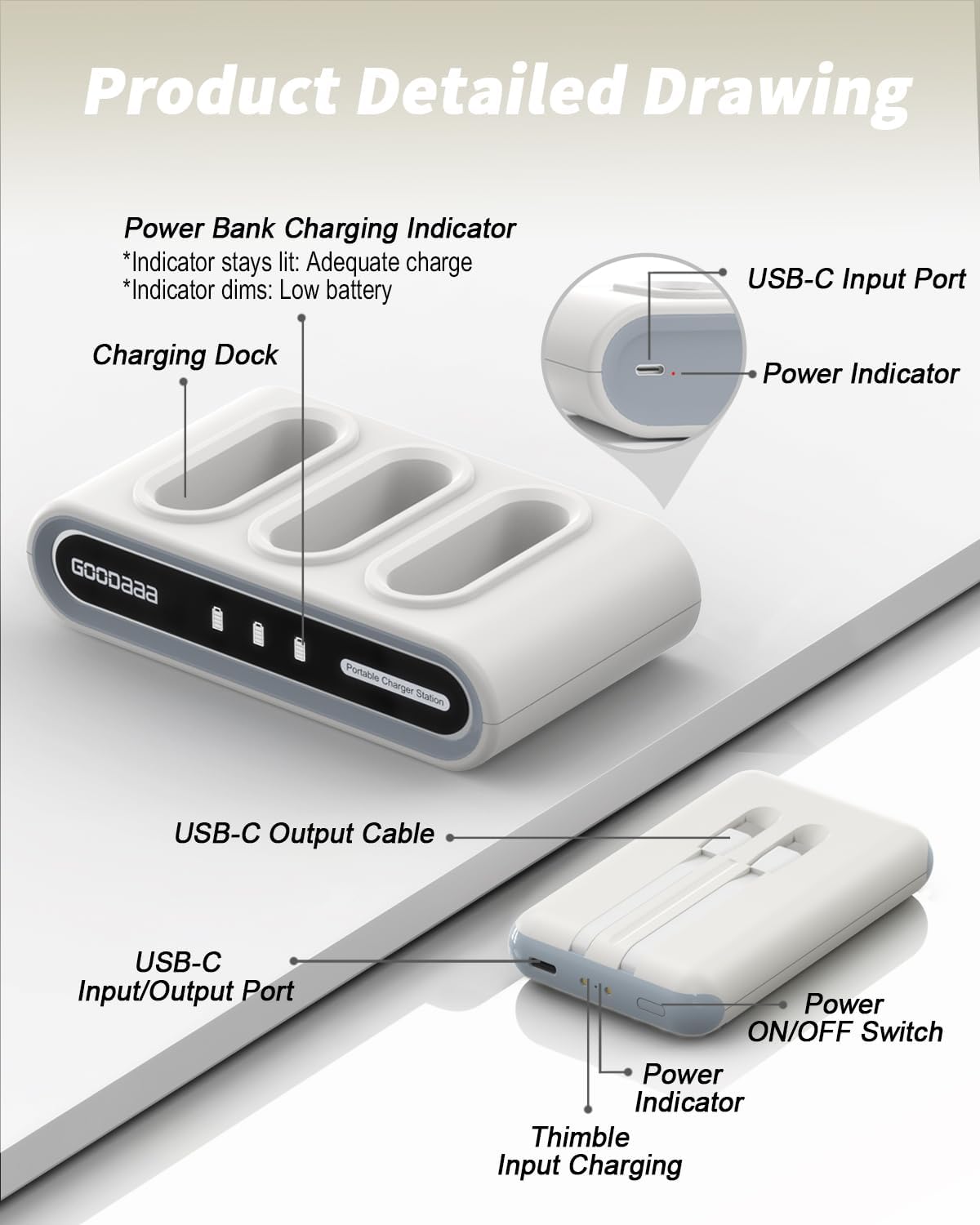 GOODaaa Portable Charger, 10000mAh Slim Power Bank Built in Cables
