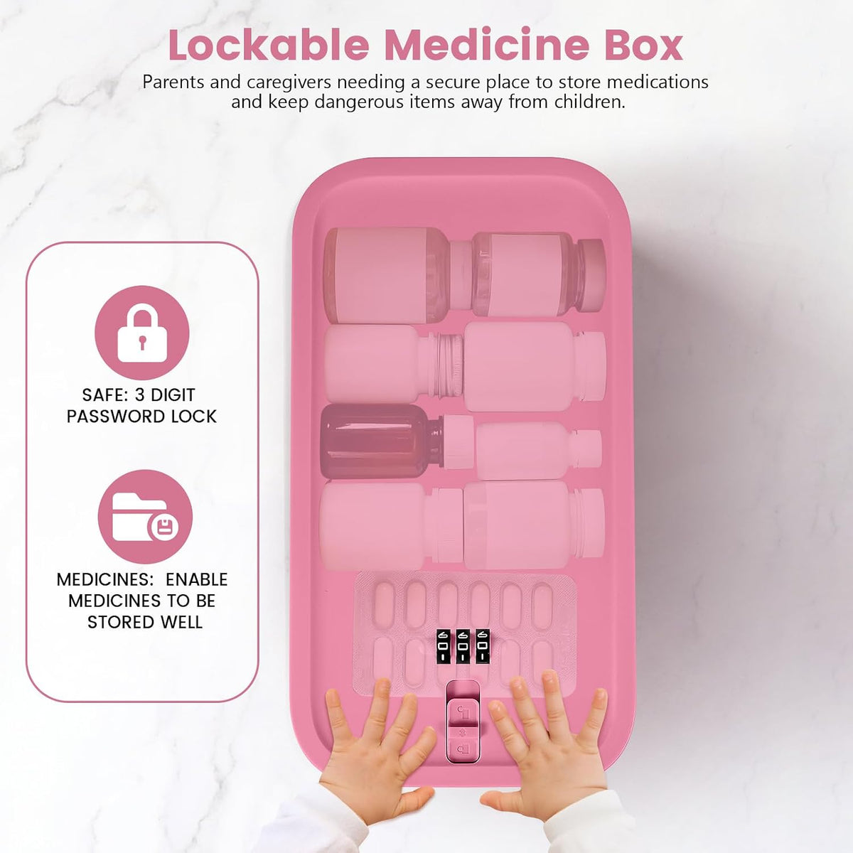 Small Lock Box, Lockable Storage Box with Combination Code for Medication Safe, Medicine Lock Box for Pills/First Aid Kits/Food/Snack Phone Jail, Locked Container for Home/Fridge/Office/School (Pink)
