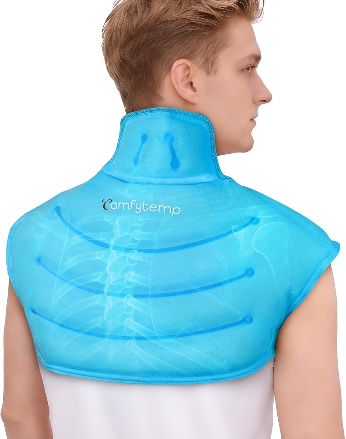 Comfytemp Large Ice Pack for Neck Shoulders Upper Back Pain Relief with Straps, Reusable Gel Ice Wrap Hot Cold Compress Therapy Recovery for Upper Back, Cervical Injuries, Rotator Cuff (Large, Blue)
