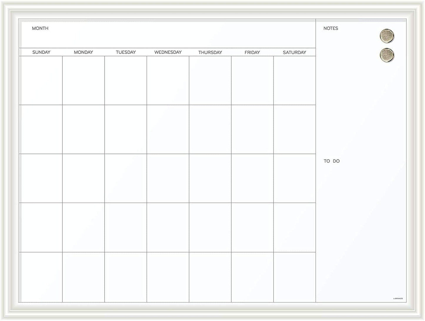 U Brands Magnetic Dry Erase Calendar White Board, 30" x 20", White Wood Style Frame, Includes Magnets