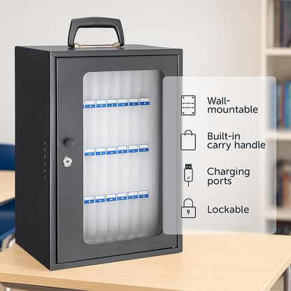 Barska 36 Cell Phone Lock Box Portable & Wall Mountable Storage Cabinet with Key Lock, Foam Slots & Charging Ports for Classrooms & Offices