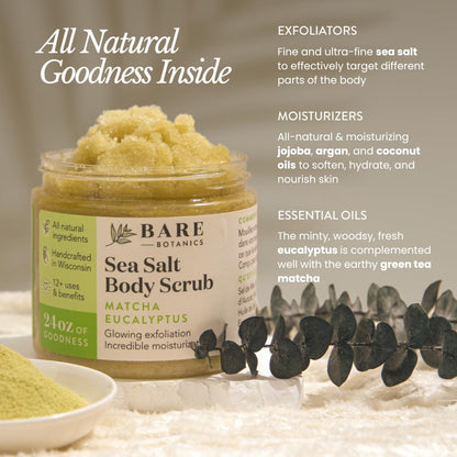 Bare Botanics Coconut Vanilla Body Scrub 24oz | Made in Madison, WI | All Natural Sea Salt Exfoliator w/ Skin Loving Moisturizers | Vegan & Cruelty Free | Gift Ready Packaging w/ a Cute Wooden Spoon