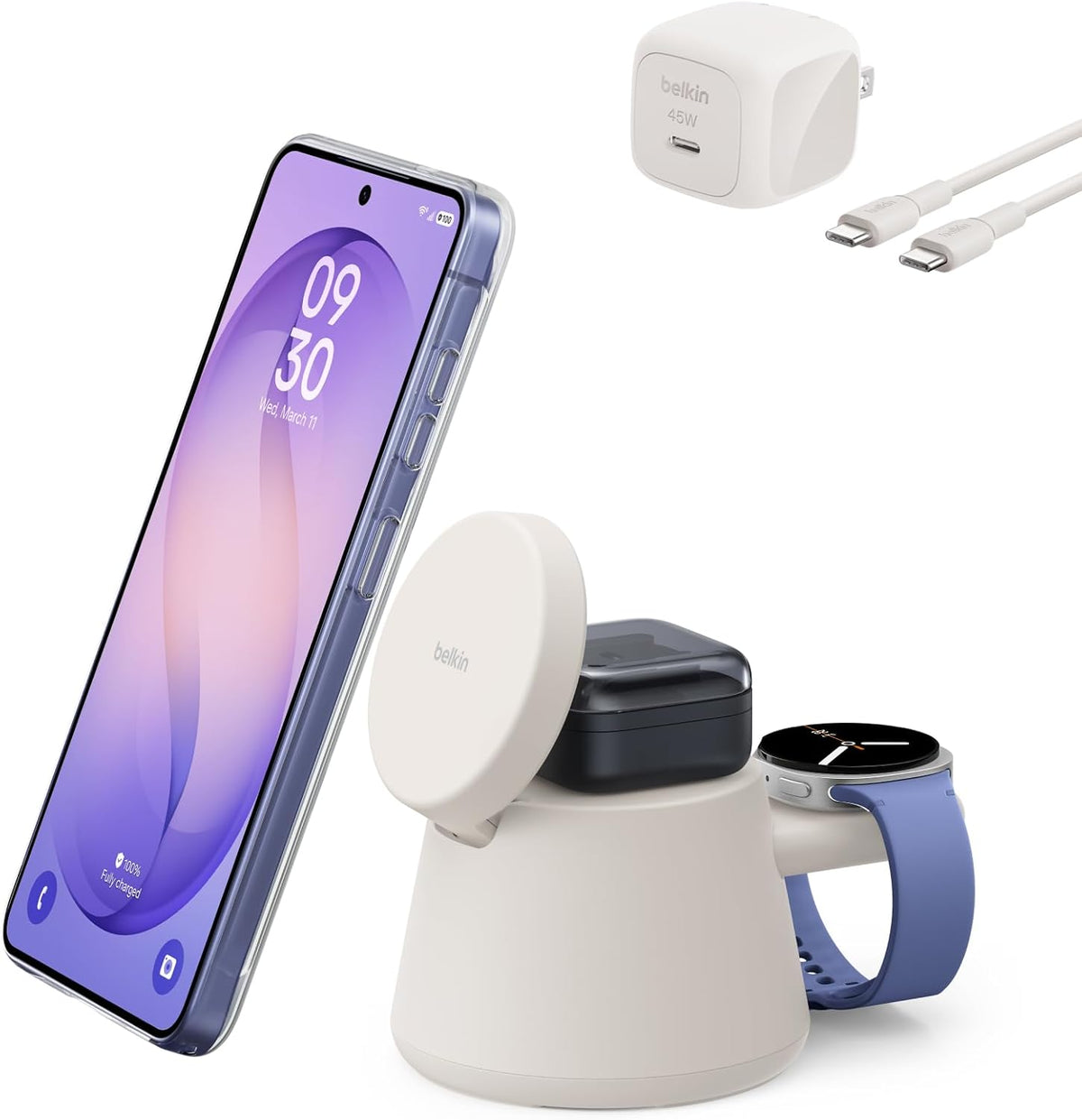 Belkin Qi2.2 25W Magnetic Wireless Charging Station, 3 in 1 Samsung Charger