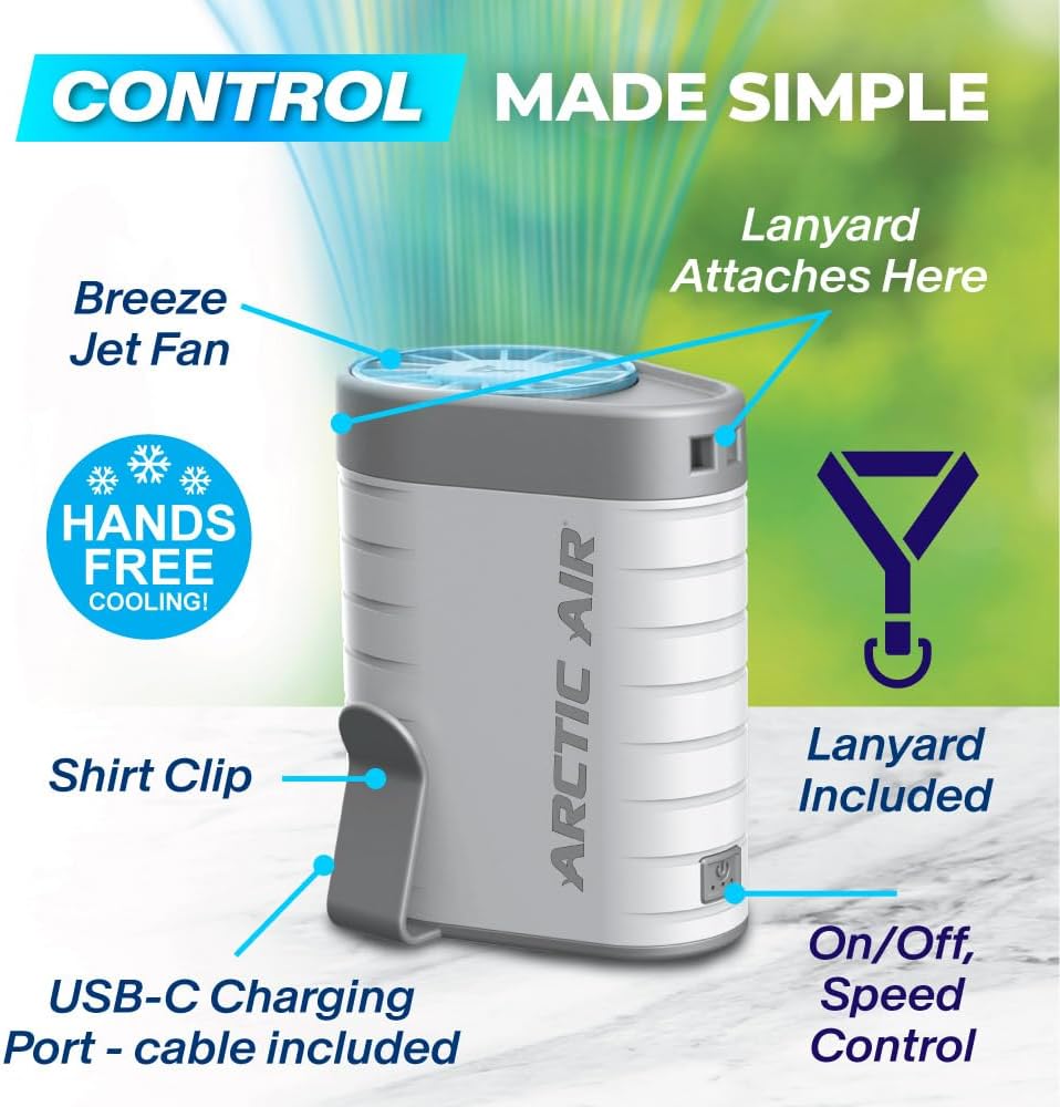 Arctic Air Breeze Jet Wearable Neck Fan, Clip On Portable Fan, 3 Speed