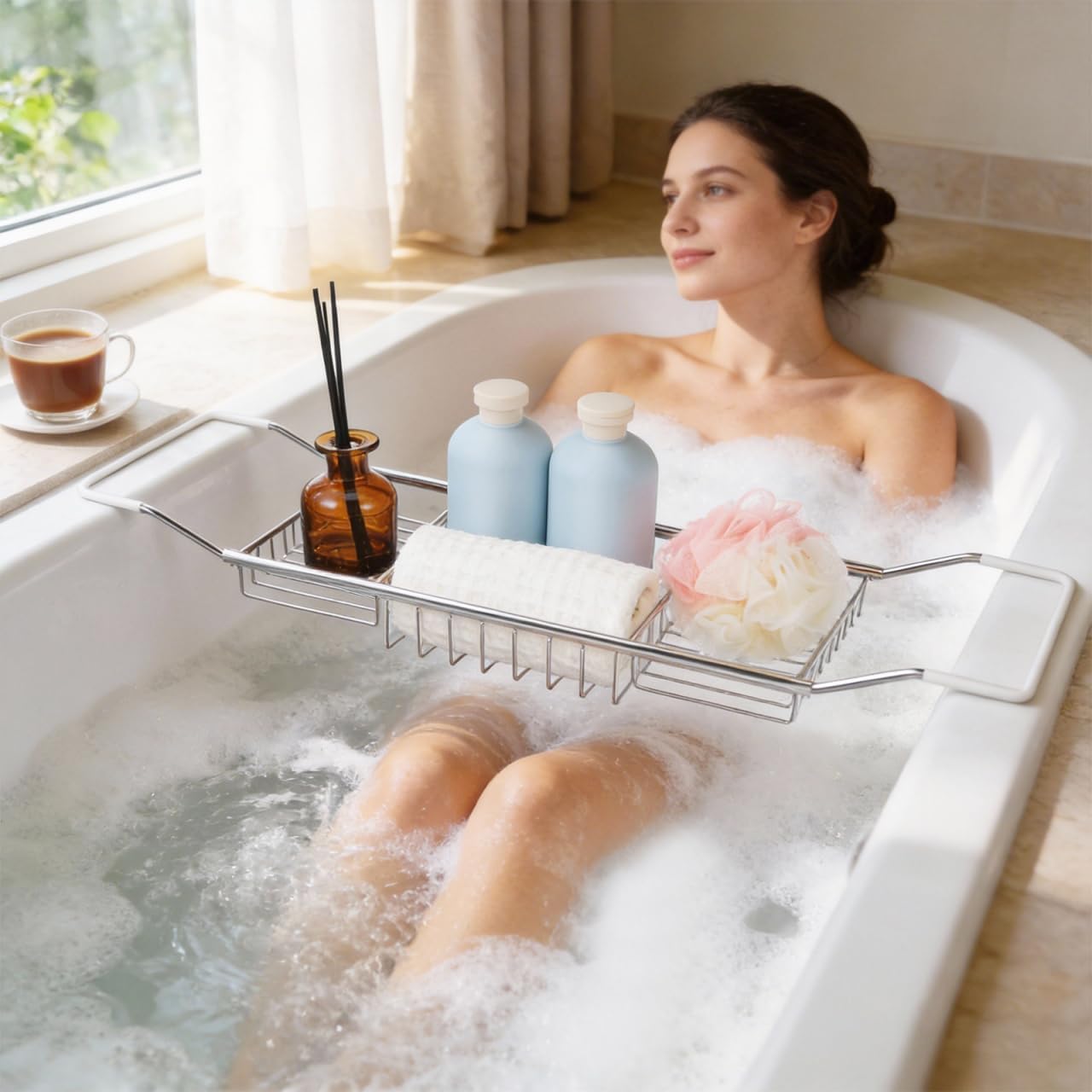 Cabilock Luxury Stainless Steel Bathtub Caddy Tray - 24.8in Expandable Modern Bath Rack for Tub with Wine Glass & Book Holder - Rustproof Shower Organizer & Tablet Stand for Home Spa, Gold