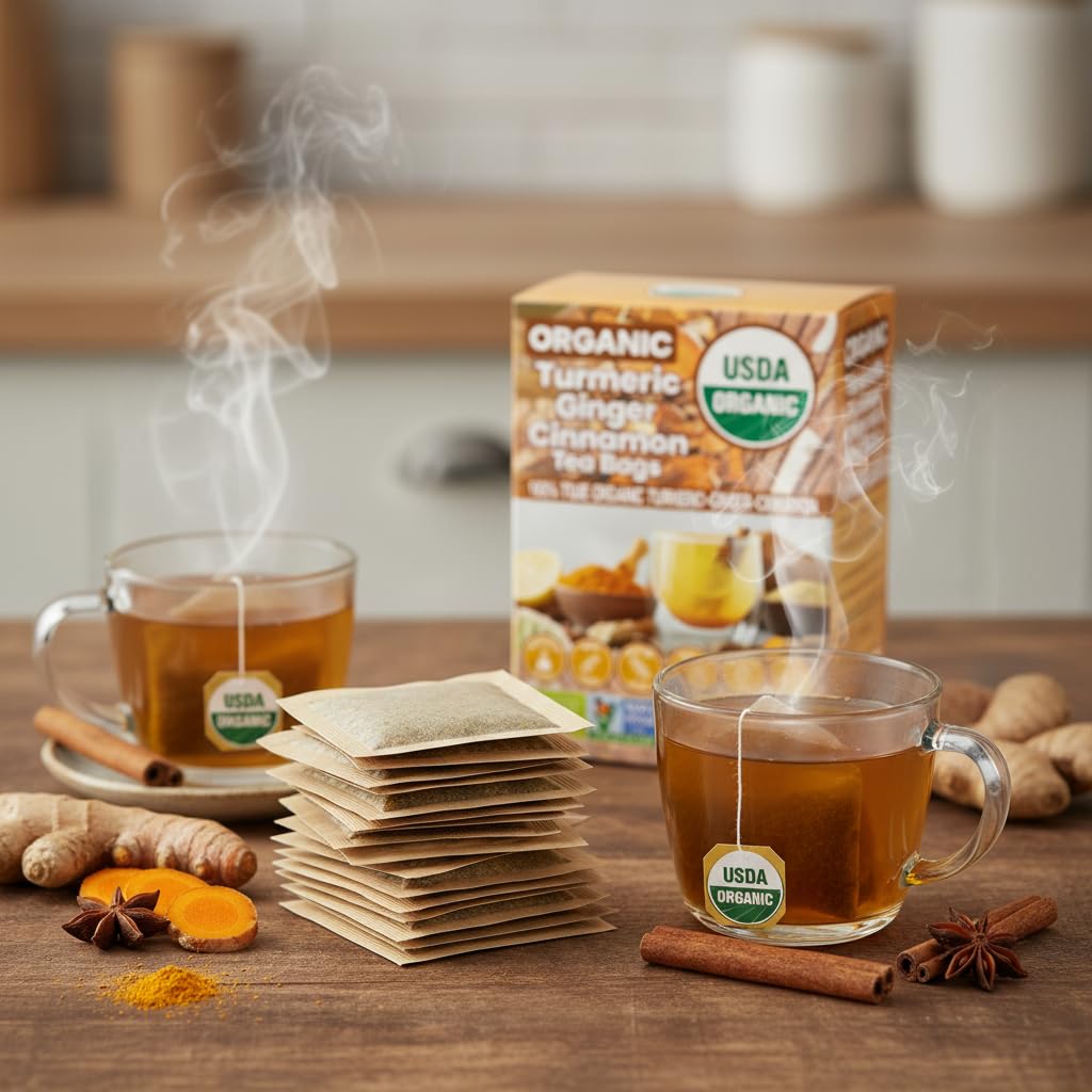 USDA Organic Turmeric Ginger Cinnamon Tea Bags (50 Count) ñ Supports Digestion, Brain, Skin, Sleep & Joint Mobility ñ Eco-Conscious, Caffeine-Free & Sugar-Free Herbal Wellness Tea ñ Vegan, Non-GMO Natural Root Blend