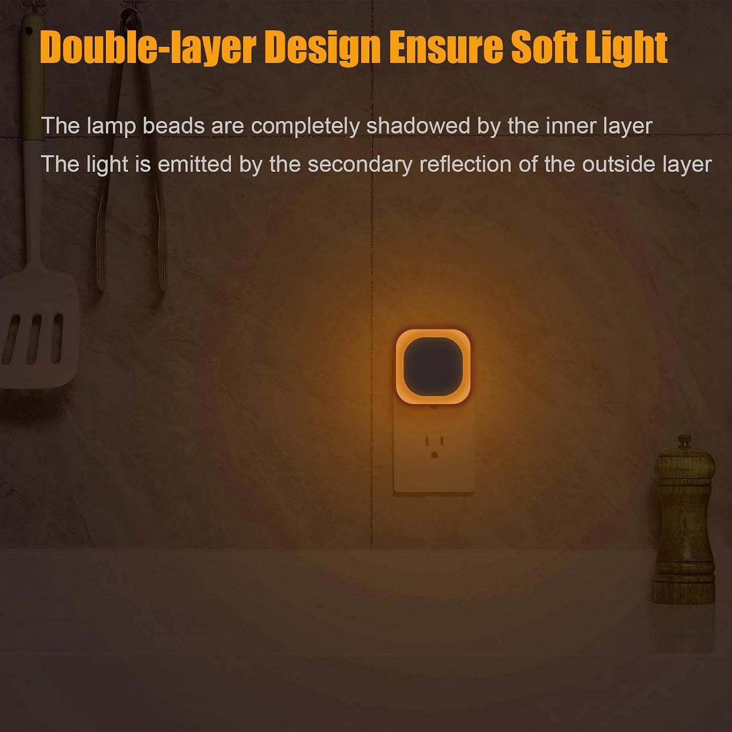 YUNLEX 2 Pack Amber Night Light, Dusk to Dawn Sensor, Warm Glare-Free Reflected Glow, 3-Level Dimmer, Auto On/Off, Plug-in LED Nightlight for Bedroom, Kids, Bathroom, Sleep, Baby Nursery, Toddler