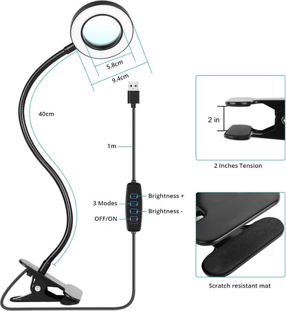 Woputne Desk Lamp Clip Light, 10 Dimmable Brightness 3 Light Modes Reading Light, Clamp Bedside Lamp for Painting, Craft, Study (Black)