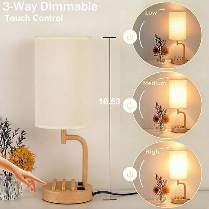 Dreamholder Touch Control USB Table Lamp with USB C/A & AC Outlet, 3-Way Dimmable Bedside Lamp, Modern Nightstand Lamps for Bedroom Living Room Guest Room Office, Bulb Included, Gold