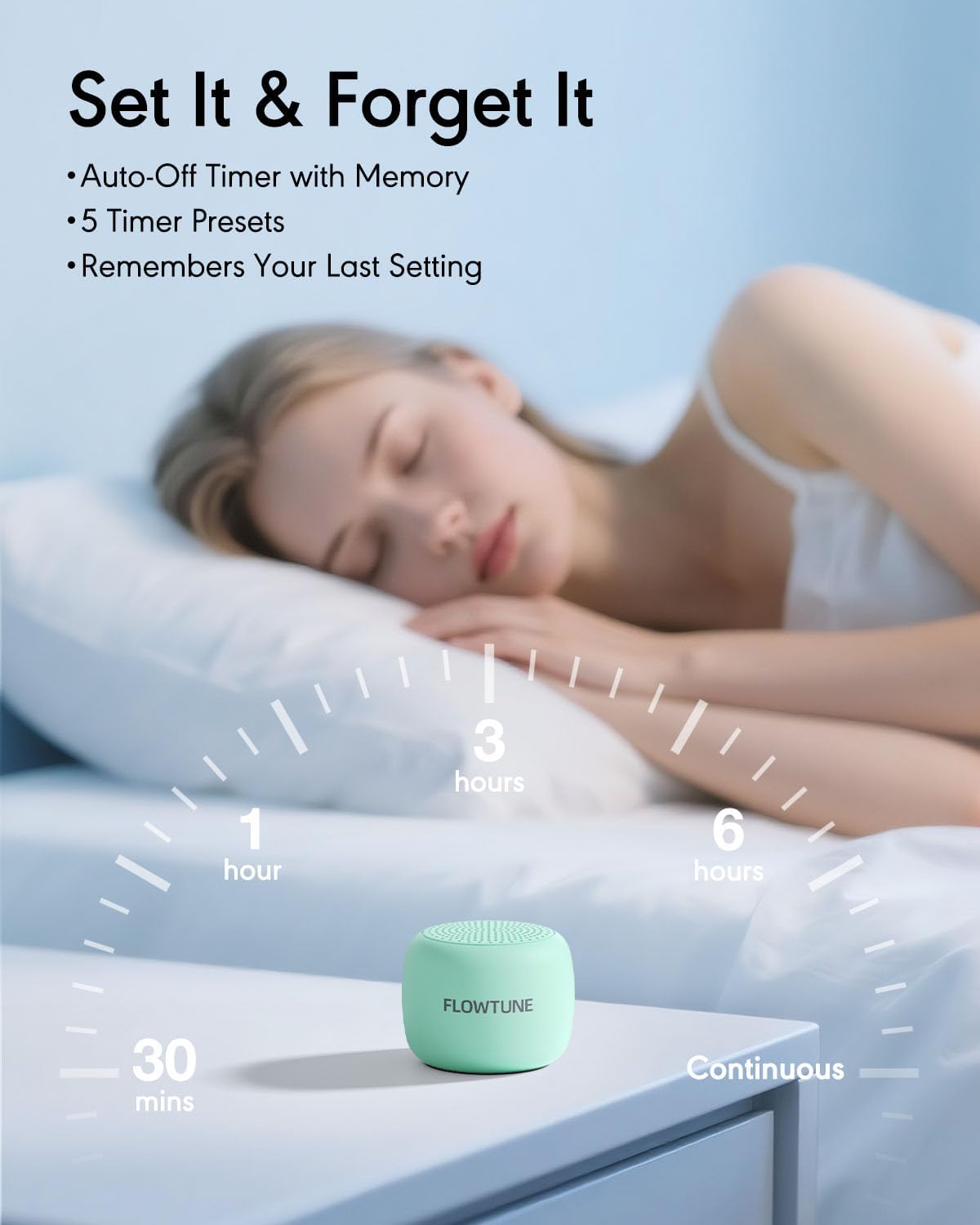 FLOWTUNE Sound Machine White Noise Machine for Baby Adults, 18 Non-looping Sounds, Timer, Memory Function, Portable Sleep Sound Therapy Gift (Mint Green)