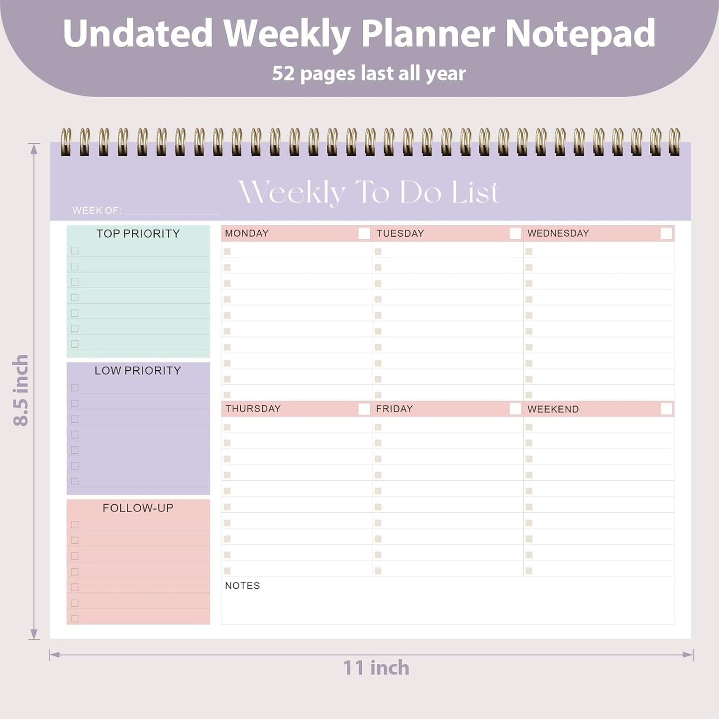 Weekly To Do List Notepad, Undated Planner with 52 Sheets (8.5''x11'') | Desk Accessories and Supplies, Women & Man, Home School & Work
