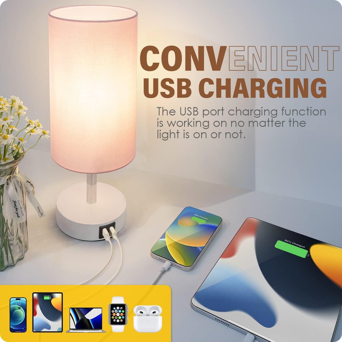 Yarra-Decor Bedside Table Lamp with USB Ports - Touch Control for Bedroom 3 Way Dimmable Nightstand Lamp with Round Fabric Shade for Living Room, Dorm, Home Office, Corded Electric, Without Battery