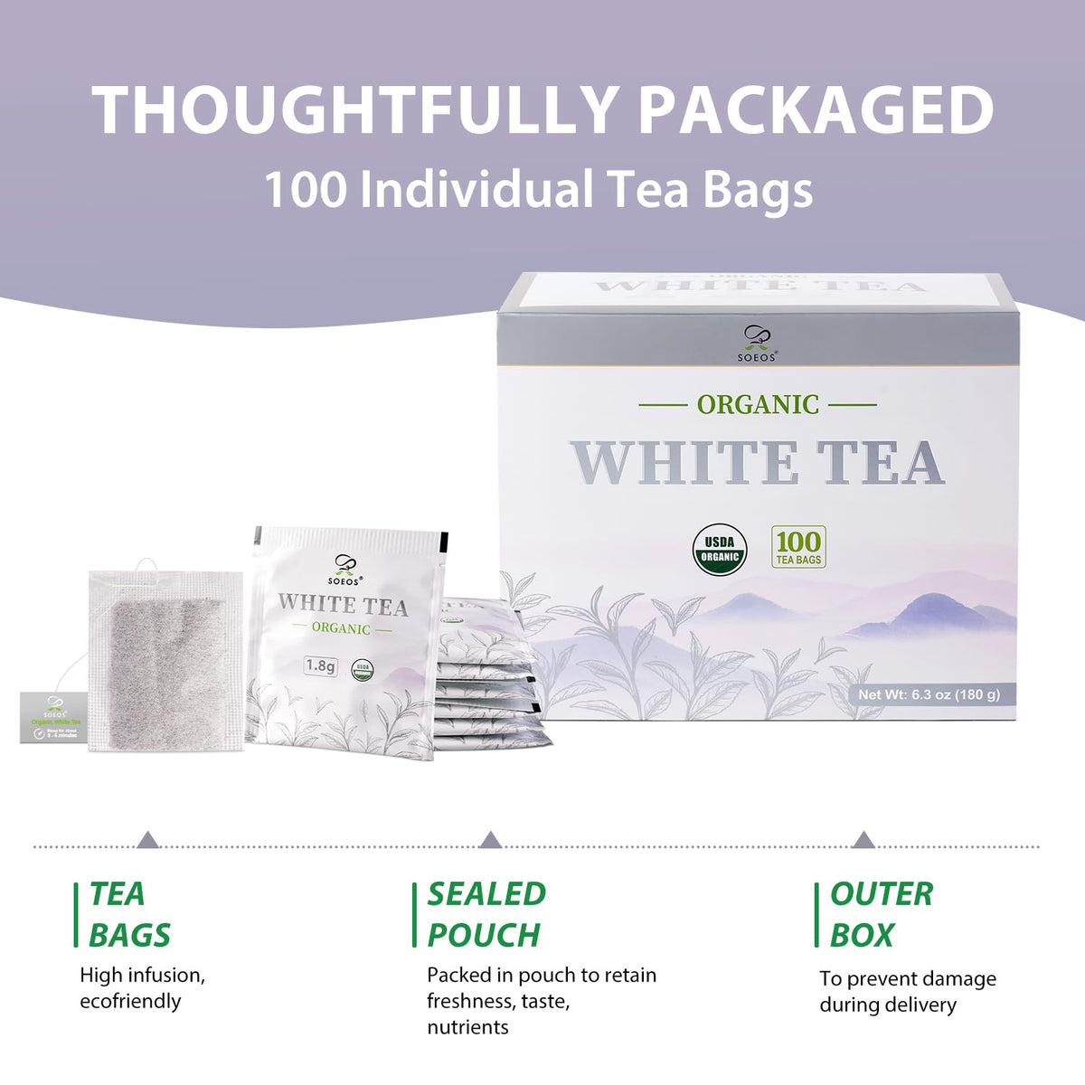 Soeos Organic White Tea, 100 Tea Bags, Pack of 2, Total 200 Teabags, Individually Wrapped Teabags, Low Caffeine, Subtle Floral Aroma & Smooth Taste, Quality Tea for Everyday Brewing, Perfect for Hot or Iced Tea Lovers, 6.3oz (180g) of Each