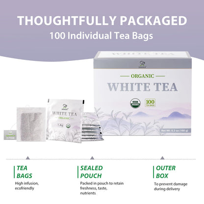 Soeos Organic White Tea, 100 Tea Bags, Pack of 2, Total 200 Teabags, Individually Wrapped Teabags, Low Caffeine, Subtle Floral Aroma & Smooth Taste, Quality Tea for Everyday Brewing, Perfect for Hot or Iced Tea Lovers, 6.3oz (180g) of Each
