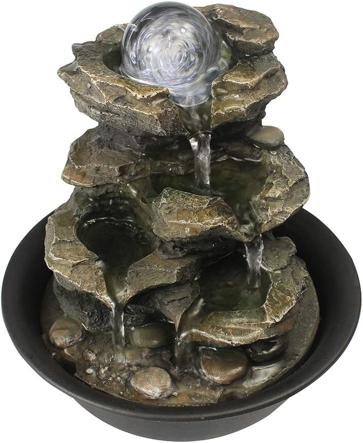 15.7” High Rock Falls Tabletop Water Fountain with LED Lights - Indoor 5-Tier Cascading Fountain for Home and Office Decor (Gray_3, 15.7" high)