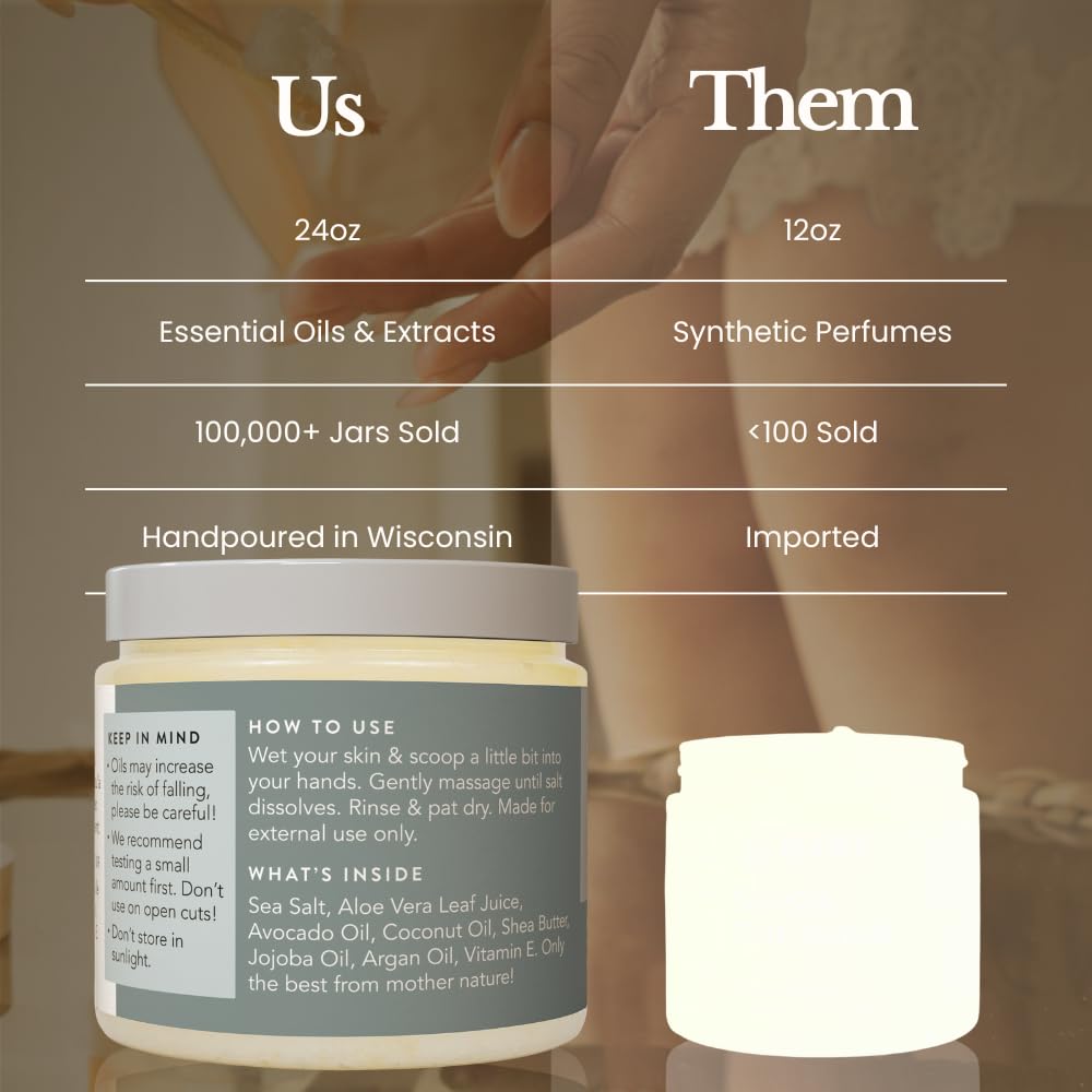 Bare Botanics Coconut Vanilla Body Scrub 24oz | Made in Madison, WI | All Natural Sea Salt Exfoliator w/ Skin Loving Moisturizers | Vegan & Cruelty Free | Gift Ready Packaging w/ a Cute Wooden Spoon