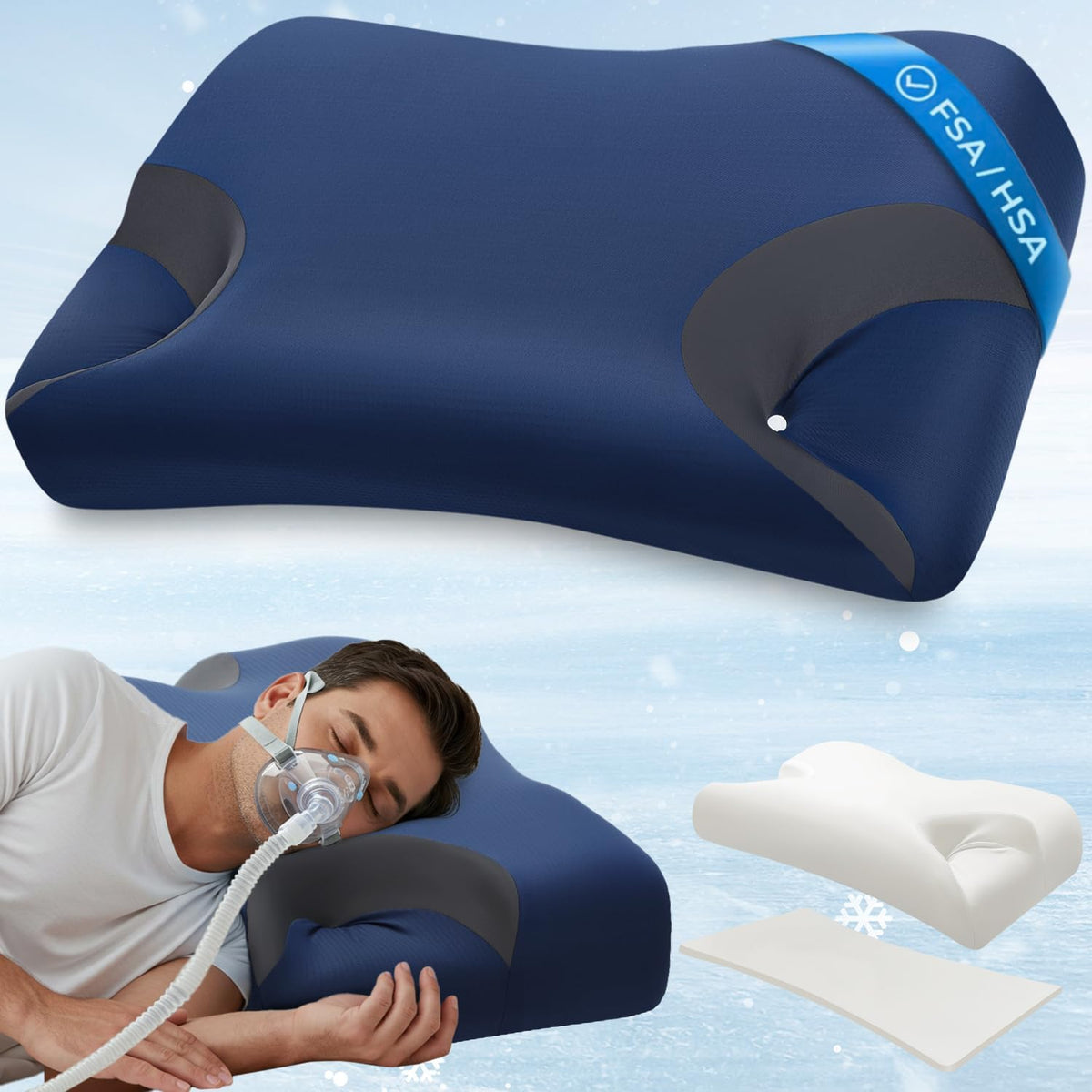IKSTAR HSA/FSA Cooling CPAP Pillow for Side Sleepers - Sleep Apnea Pillow for CPAP User - Reduce Air Leak/Hose Tangle/Mask Pressure - Memory Foam Neck Support Nasal Pillows Side/Back/Stomach Sleeper
