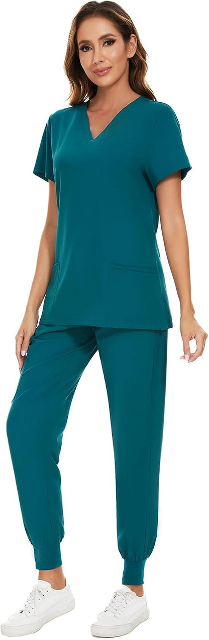 COZYFIT Scrubs for Women Set - Stretch V-Neck Scrub Top & Jogger Pant with 8 Pockets COZY SCRUBS - Colors E