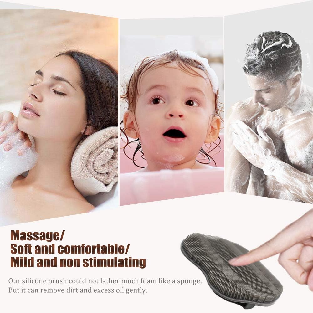 2 Pack Soft Silicone Shower Brush, Body & Face & Short Hair Wash, Bath Exfoliating Skin Massage Scrubber, Dry Skin Brushing Glove Loofah, Fit for Sensitive and All Kinds of Skin (PeonyPink+Green)