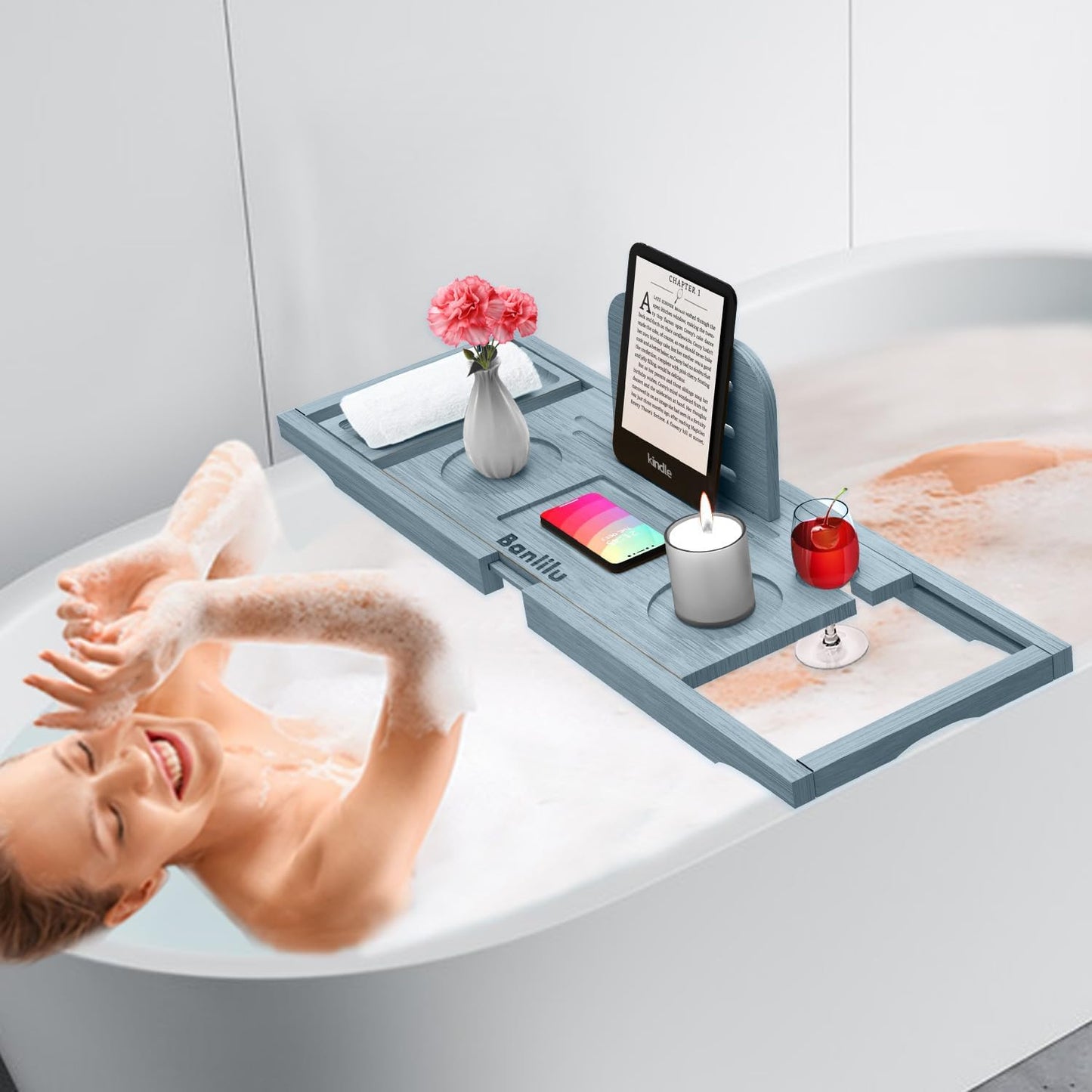 Premium Bamboo Bathtub Tray Caddy - Bath Tub Tray Table for Bathtub - Bath Caddy Tray for Bathtub, Expandable Size, Fits Most Bath Tubs