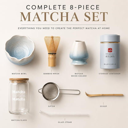 BARISTA EMPEROR® MATCHA WHISK SET PREMIUM 11pcs - Professional Matcha Kit Set with Matcha Bowl, Matcha Whisk, Milk Frother, Spoon, Sifter, Scoop, Stand, Cup, Tea Mat, Cloth - Matcha Bowl Set