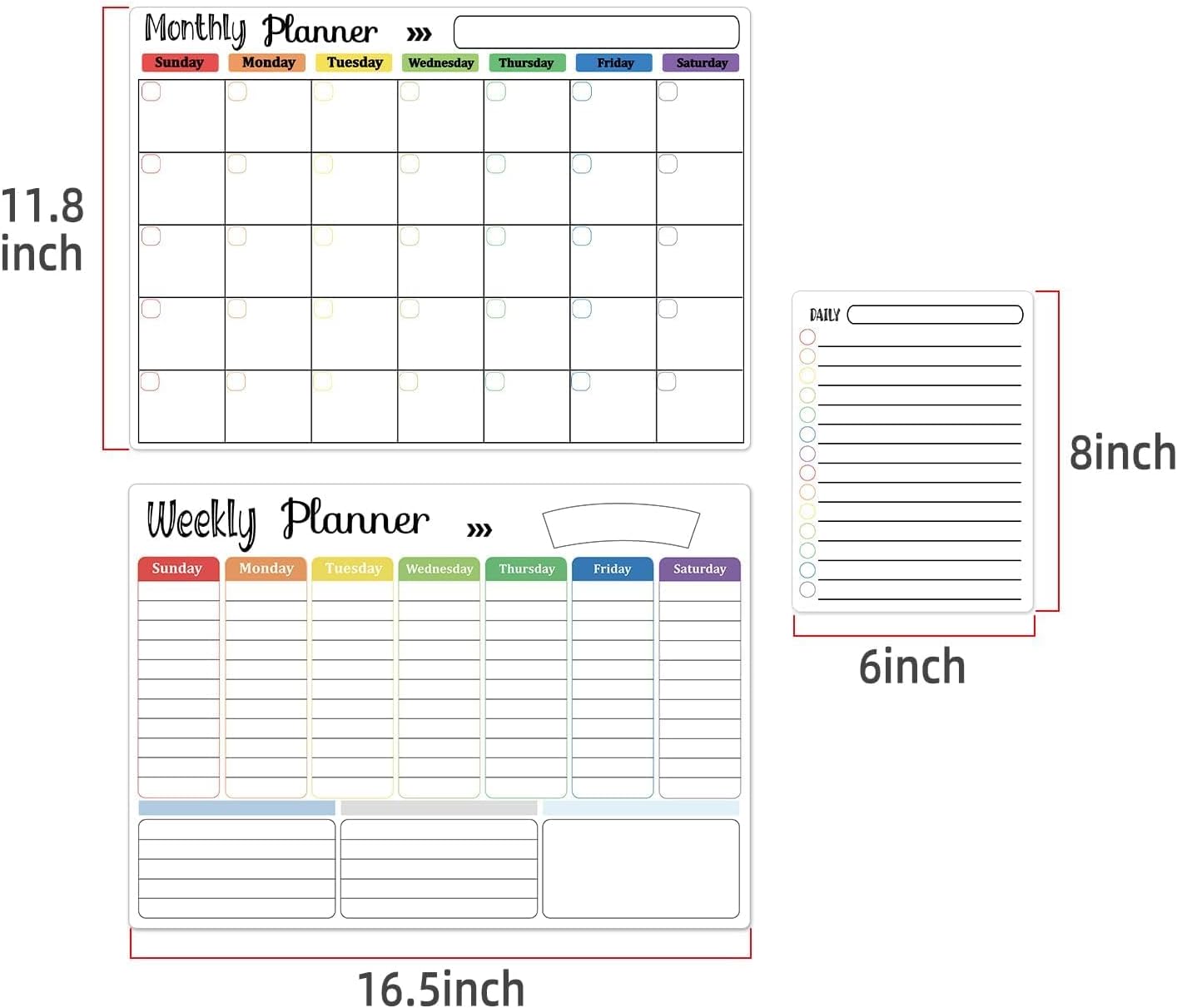 Hivillexun Magnetic Black Dry Erase Calendar White Board Set (3-Pack) - Monthly, Weekly Planners & Daily Notepad for Fridge, Home & Office, Includes 8 Markers
