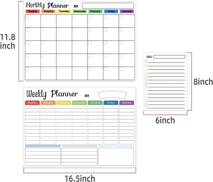 Hivillexun Magnetic Black Dry Erase Calendar White Board Set (3-Pack) - Monthly, Weekly Planners & Daily Notepad for Fridge, Home & Office, Includes 8 Markers