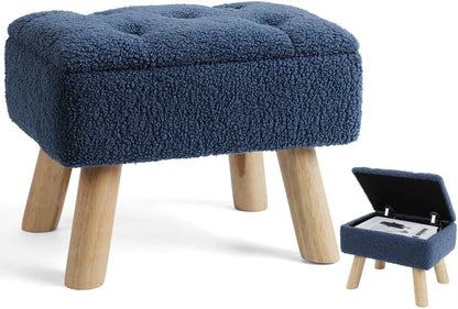 OGEMXU Storage Ottoman, Small Foot Stool Ottoman with Storage, Boucle Teddy Velvet Foot Rest with Padded Seat, Sturdy Wood Legs Stool for Living Room, Bedroom, Couch, Enterway (Cream)